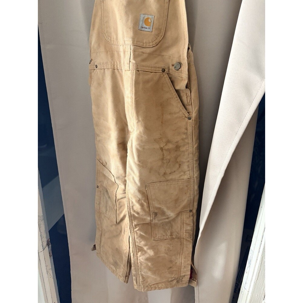 Vintage Carhartt Bibs Overalls Brown Double Knee Lined Canvas Kids M Seasoned - Picture 2 of 8